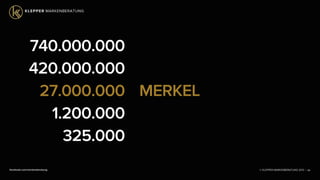© KLEPPER MARKENBERATUNG 2013 |facebook.com/markenberatung 96
740.000.000
420.000.000
27.000.000
1.200.000
325.000
MERKEL
 