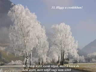 33.  Higgy a csodákban! 34.  Isten azért szeret téged, mert ő Isten és nem azért, mert tettél vagy nem tettél valamit. 