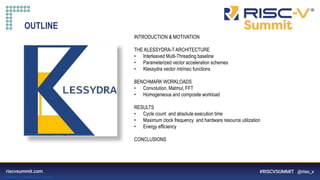 Information Classification: General
INTRODUCTION & MOTIVATION
THE KLESSYDRA-T ARCHITECTURE
• Interleaved Multi-Threading baseline
• Parameterized vector acceleration schemes
• Klessydra vector intrinsic functions
BENCHMARK WORKLOADS
• Convolution, Matmul, FFT
• Homogeneous and composite workload
RESULTS
• Cycle count and absolute execution time
• Maximum clock frequency and hardware resource utilization
• Energy efficiency
CONCLUSIONS
OUTLINE
 