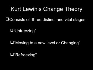 Kurt Lewin’s Change Theory 
Consists of three distinct and vital stages: 
“Unfreezing” 
“Moving to a new level or Changing” 
“Refreezing” 
 