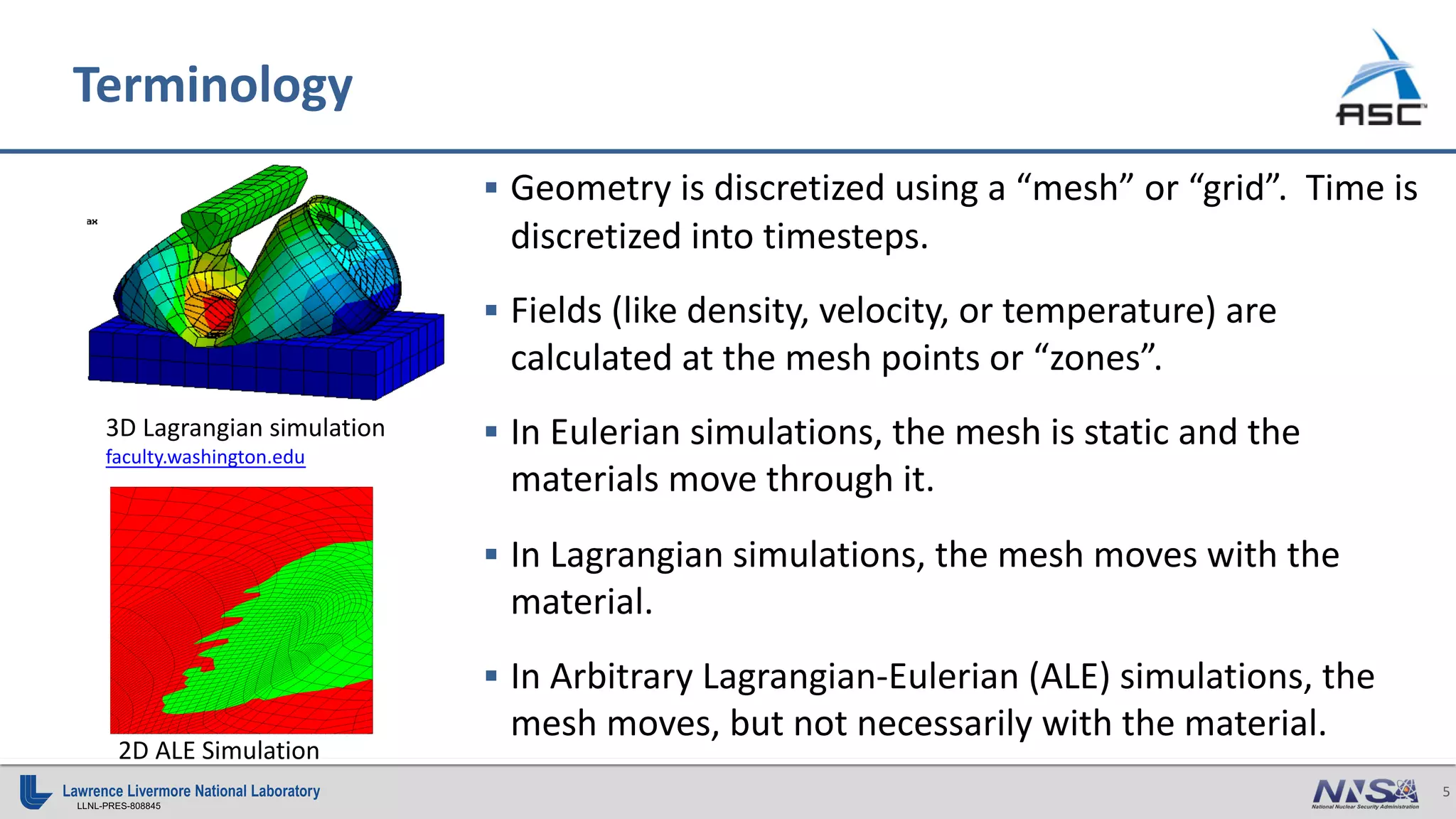 5
LLNL-PRES-808845
Terminology
§ Geometry is discretized using a “mesh” or “grid”. Time is
discretized into timesteps.
§ Fields (like density, velocity, or temperature) are
calculated at the mesh points or “zones”.
§ In Eulerian simulations, the mesh is static and the
materials move through it.
§ In Lagrangian simulations, the mesh moves with the
material.
§ In Arbitrary Lagrangian-Eulerian (ALE) simulations, the
mesh moves, but not necessarily with the material.
3D Lagrangian simulation
faculty.washington.edu
2D ALE Simulation
 