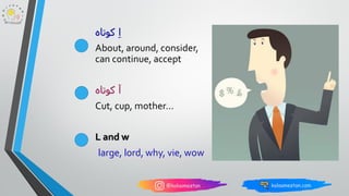 ‫کوتاه‬ ِ‫ا‬
About, around, consider,
can continue, accept
‫کوتاه‬ ‫آ‬
Cut, cup, mother…
L and w
large, lord, why, vie, wow
 