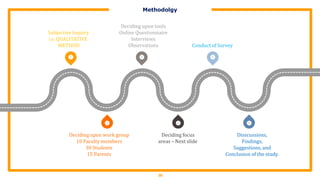 Methodolgy
1 3 5
6
4
2
16
Subjective Inquiry
i.e. QUALITATIVE
METHOD
Deciding upon tools
Online Questionnaire
Interviews
Observations Conduct of Survey
Deciding upon work group
10 Faculty members
30 Students
15 Parents
Deciding focus
areas – Next slide
Disscussions,
Findings,
Suggestions,and
Conclusion of the study.
 
