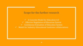 Scope for the further research
23
 A Concrete Model for Education 4.0
 Effective Regulation of Education System
 Continuous Evaluation of Education System
 Model for Industry-Educational Institutes collaborations
 