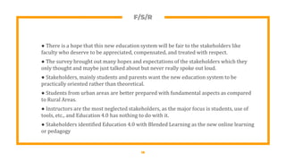 F/S/R
● There is a hope that this new education system will be fair to the stakeholders like
faculty who deserve to be appreciated, compensated, and treated with respect.
● The survey brought out many hopes and expectations of the stakeholders which they
only thought and maybe just talked about but never really spoke out loud.
● Stakeholders, mainly students and parents want the new education system to be
practically oriented rather than theoretical.
● Students from urban areas are better prepared with fundamental aspects as compared
to Rural Areas.
● Instructors are the most neglected stakeholders, as the major focus is students, use of
tools, etc., and Education 4.0 has nothing to do with it.
● Stakeholders identified Education 4.0 with Blended Learning as the new online learning
or pedagogy
19
 