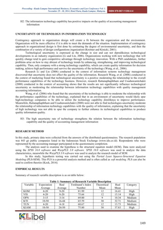 Proceeding - Kuala Lumpur International Business, Economics and Law Conference Vol. 1. 
November 29 - 30, 2014. Hotel Putra, Kuala Lumpur, Malaysia. ISBN 978-967-11350-4-4 
149 
H2: The information technology capability has positive impacts on the quality of accounting management information 
UNCERTAINTY OF TECHNOLOGY IN INFORMATION TECHNOLOGY 
Contingency approach to organization design will create a fit between the organization and the environment. Organization will be more effective if it is able to meet the demands of the situation. Implementation of contingency approach in organizational design is first done by estimating the degree of environmental uncertainty, and then the combination of a variety of design configurations organization (Kreitner and Kinicki, 2001). 
Technological uncertainty is expressed as the change in size and can not diprediksinya technological developments in an industry organization (Li and Lin, 2006). Organizations working with new technology that will quickly change tend to gain competitive advantage through technology innovation. With a PhD candidature, further problems arise on how to stay abreast of technology trends by enhancing, strengthening, and improving technological capability. Then, only company with a strong technology capability, which can create quality information for decision making, achieve high performance and survive the uncertainty of the technology (Wang, et al., 2006). 
Research Li and Lin (2006) conducted in the context of information systems technology management discovered that uncertainty does not affect the quality of the information. Research Wang, et al. (2006) conducted in the context of marketing found that technological uncertainty is a positive moderating the relationship to the overall performance capabilities of the technology business. However, research Rattanaphaphtham and Ussahawanitchakit (2008) conducted in the context of accounting shows that the results are not significantly influence technological uncertainty as moderating the relationship between information technology capabilities with quality management accounting information. 
Wang, et al. (2006) who found that the uncertainty of the technology is able to moderate the relationship with the performance capabilities of the technology, explained that in an environment of uncertainty would likely spur high-technology companies to be able to utilize the technology capability dimiliknya to improve performance. Meanwhile, Rattanaphaphtham and Ussahawanitchakit (2008) were not able to find technologies uncertainty moderate the relationship of information technology capabilities with the quality of information, explaining that the uncertainty of high technology was not able to spur the company to further enhance its technological capabilities to produce quality information quality. 
H3: The high uncertainty rate of technology strengthens the relation between the information technology capability and the quality of accounting management information 
RESEARCH METHOD 
In this study, primary data were collected from the answers of the distributed questionnaires. The research population was 443 go public companies listed in the Indonesian Stock Exchange (www.idx.co.id). Respondents who were represented by the accounting manager participated in the questionnaire completion. 
The analysis used to examine the hypothesa is the structural equation model (SEM). Data were analyzed using the SPSS 16.0 software and WarpPLS 3.0 software. SPSS 16.0 software was used to analyze the data characteristics, meanwhile the WarpPLS 3.0 software was used to analyze the research model of SEM. 
In this study, hypothesis testing was carried out using the Partial Least Squares-Structural Equation Modeling (PLS-SEM). This PLS is a powerful analysis method and is often called as soft modeling. PLS can also be used to confirm theories (Kock, 2014). 
EMPIRICAL RESULTS 
Summary of research variable description is as on table below: 
Table 1: Summary of Research Variable Description 
Variable 
Expectation Average 
Real Average 
Ferdinand’s Index Number 
Theoretical Mean 
Real Mean 
Category 
KOM 
4-20 
9-20 
81.99 
12 
16.41 
High 
VIS 
4-20 
8-20 
75.66 
12 
15.14 
High 
OPN 
3-15 
3-14 
69.00 
9 
10.34 
Medium 
KTI 
10-50 
16-44 
65.59 
30 
32.71 
Medium 
TUN 
4-20 
4-18 
68.67 
12 
13.73 
Medium 
KIAM 
10-50 
24-50 
75.80 
30 
37.83 
High  