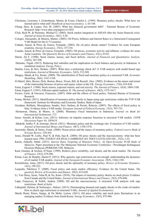 Proceeding - Kuala Lumpur International Business, Economics and Law Conference Vol. 3. 
November 29 - 30, 2014. Hotel Putra, Kuala Lumpur, Malaysia. ISBN 978-967-11350-4-4 
70 
Christiano, Lawrence J, Eichenbaum, Martin, & Evans, Charles L. (1999). Monetary policy shocks: What have we learned and to what end? Handbook of macroeconomics, 1, 65-148. 
Chung, Hess, & Leeper, Eric M. (2007). What has financed government debt? : National Bureau of Economic Research. http://www.nber.org/papers/w13425 
Click, Reid W, & Plummer, Michael G. (2005). Stock market integration in ASEAN after the Asian financial crisis. Journal of Asian Economics, 16(1), 5-28. 
Cologni, Alessandro, & Manera, Matteo. (2005). Oil Prices, Inflation and Interest Rates in a Sstructural Cointegrated VAR Model for the G-7 Countries. 
Cuñado, Juncal, & Pérez de Gracia, Fernando. (2003). Do oil price shocks matter? Evidence for some European countries. Energy Economics, 25(2), 137-154. 
Cunado, Juncal, & Pérez de Gracia, Fernando. (2005). Oil prices, economic activity and inflation: evidence for some Asian countries. The Quarterly Review of Economics and Finance, 45(1), 65-83. 
Darrat, Ali F. (1990). Stock returns, money, and fiscal deficits. Journal of Financial and Quantitative Analysis, 25(03), 387-398. 
Dartanto, Teguh. (2013). Reducing fuel subsidies and the implication on fiscal balance and poverty in Indonesia: A simulation analysis. Energy Policy. 
Dedola, Luca, & Neri, Stefano. (2007). What does a technology shock do? A VAR analysis with model-based sign restrictions. Journal of Monetary Economics, 54(2), 512-549. 
Dungey, Mardi, & Fry, Renée. (2009). The identification of fiscal and monetary policy in a structural VAR. Economic Modelling, 26(6), 1147-1160. 
El-Sharif, Idris, Brown, Dick, Burton, Bruce, Nixon, Bill, & Russell, Alex. (2005). Evidence on the nature and extent of the relationship between oil prices and equity values in the UK. Energy Economics, 27(6), 819-830. 
Fama, Eugene F. (1990). Stock returns, expected returns, and real activity. The Journal of Finance, 45(4), 1089-1108. 
Fama, Eugene F. (1991). Efficient capital markets: II. The journal of finance, 46(5), 1575-1617. 
Favero, Carlo, & Giavazzi, Francesco. (2007). Debt and the effects of fiscal policy: National Bureau of Economic Research. 
Franta, Michal. (2011). Identification of monetary policy shocks in Japan using sign restrictions within the TVP-VAR framework: Institute for Monetary and Economic Studies, Bank of Japan. 
Giordano, Raffaela, Momigliano, Sandro, Neri, Stefano, & Perotti, Roberto. (2007). The effects of fiscal policy in Italy: Evidence from a VAR model. European Journal of Political Economy, 23(3), 707-733. 
Hermawan, Danny, & Munro, A. (2008). Monetary‐Fiscal Interaction in Indonesia. Journal on Bank for International Settlements, 272. 
Inoue, Atsushi, & Kilian, Lutz. (2011). Inference on impulse response functions in structural VAR models. CEPR Discussion Paper No. DP8419. 
Jääskelä, Jarkko P, & Jennings, David. (2011). Monetary policy and the exchange rate: Evaluation of VAR models. Journal of International Money and Finance, 30(7), 1358-1374. 
Jarocinski, Marek, & Smets, Frank. (2008). House prices and the stance of monetary policy. Federal reserve Bank of St Louis Review, 339-365. 
Jones, Donald W, Leiby, Paul N, & Paik, Inja K. (2004). Oil price shocks and the macroeconomy: what has been learned since 1996. ENERGY JOURNAL-CAMBRIDGE MA THEN CLEVELAND OH-, 25(2), 1-32. 
Karim, Zulkefly Abdul. (2013). Interest Rates Targeting of Monetary Policy: An Open-Economy SVAR Study of Malaysia. Paper presented at the The Malaysian National Economic Conference / Persidangan Kebangsaan Ekonomi Malaysia (PERKEM) VIII, Malaysia. 
Kaul, Gautam, & Seyhun, H Nejat. (1990). Relative price variability, real shocks, and the stock market. The Journal of Finance, 45(2), 479-496. 
Kilian, Lutz, & Murphy, Daniel P. (2012). Why agnostic sign restrictions are not enough: understanding the dynamics of oil market VAR models. Journal of the European Economic Association, 10(5), 1166-1188. 
Kormilitsina, Anna. (2011). Oil price shocks and the optimality of monetary policy. Review of Economic Dynamics, 14(1), 199-223. 
Laopodis, Nikiforos T. (2009). Fiscal policy and stock market efficiency: Evidence for the United States. The quarterly Review of Economics and finance, 49(2), 633-650. 
Li, un Daisy, İşcan, Talan B, & u, Kuan. (2010). The impact of monetary policy shocks on stock prices: Evidence from Canada and the United States. Journal of International Money and Finance, 29(5), 876-896. 
Lippi, Francesco, & Nobili, Andrea. (2008). Oil and the macroeconomy: A structural VAR analysis with sign restrictions. Bank of Italia 
Lütkepohl, Helmut, & Netšunajev, leksei. (2013). Disentangling demand and supply shocks in the crude oil market: How to check sign restrictions in structural VARs. Journal of Applied Econometrics. 
Masih, Rumi, Peters, Sanjay, & De Mello, Lurion. (2011). Oil price volatility and stock price fluctuations in an emerging market: Evidence from South Korea. Energy Economics, 33(5), 975-986.  