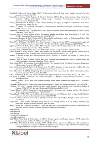 Proceeding - Kuala Lumpur International Business, Economics and Law Conference Vol. 3. 
November 29 - 30, 2014. Hotel Putra, Kuala Lumpur, Malaysia. ISBN 978-967-11350-4-4 
71 
Mountford, Andrew, & Uhlig, Harald. (2009). What are the effects of fiscal policy shocks? Journal of applied econometrics, 24(6), 960-992. 
Muscatelli, V Anton, Tirelli, Patrizio, & Trecroci, Carmine. (2004). Fiscal and monetary policy interactions: Empirical evidence and optimal policy using a structural New-Keynesian model. Journal of Macroeconomics, 26(2), 257-280. 
Narayan, Paresh Kumar, & Narayan, Seema. (2010). Modelling the impact of oil prices on Vietnam’s stock prices. Applied Energy, 87(1), 356-361. 
Pappa, Evi. (2009). The Effects Of Fiscal Shocks On Employment And The Real Wage*. International Economic Review, 50(1), 217-244. 
Papapetrou, Evangelia. (2001). Oil price shocks, stock market, economic activity and employment in Greece. Energy Economics, 23(5), 511-532. 
Peersman, Gert, & Straub, Roland. (2009). Technology Shocks And Robust Sign Restrictions In A Euro Area SVAR*. International Economic Review, 50(3), 727-750. 
Ramaswamy, Ramana, & Sloek, Torsten. (1998). The real effects of monetary policy in the European Union: What are the differences? IMF staff papers, 45(2), 374-396. 
Rafiq, M. S., & Mallick, S. K. (2008). The effect of monetary policy on output in EMU3: A sign restriction approach. Journal of Macroeconomics, 30(4), 1756-1791. doi: http://dx.doi.org/10.1016/j.jmacro.2007.12.003 
Rigobon, Roberto, & Sack, Brian. (2003). Measuring the reaction of monetary policy to the stock market. The quarterly journal of Economics, 118(2), 639-669. 
Sadorsky, Perry. (1999). Oil price shocks and stock market activity. Energy Economics, 21(5), 449-469. 
Scholl, Almuth, & Uhlig, Harald. (2008). New evidence on the puzzles: Results from agnostic identification on monetary policy and exchange rates. Journal of International Economics, 76(1), 1-13. 
Schwert, G William. (1990). Stock returns and real activity: A century of evidence. The Journal of Finance, 45(4), 1237-1257. 
Semmler, Willi, & Zhang, Wenlang. (2007). Asset price volatility and monetary policy rules: a dynamic model and empirical evidence. Economic Modelling, 24(3), 411-430. 
Shah, Imran. (2012). Revisiting the Dynamic Effects of Oil Price Shock on Small Developing Economies: Department of Economics, University of Bristol, UK. 
Sims, Christopher A, Stock, James H, & Watson, Mark W. (1990). Inference in linear time series models with some unit roots. Econometrica: Journal of the Econometric Society, 113-144. 
Sims, Christopher A. (1992). Interpreting the macroeconomic time series facts: the effects of monetary policy. European Economic Review, 36(5), 975-1000. 
Sims, Christopher A, & Zha, Tao. (1999). Error bands for impulse responses. Econometrica, 67(5), 1113-1155. 
Son, Hyun H. (2008). Conditional Cash Transfer Programs: An Effective Tool for Poverty Alleviation? : Asian Development Bank. 
Tachibana, Minoru. (2013). How have inflation-targeting central banks responded to supply shocks? Economics Letters. 
Thorbecke, Willem. (1997). On stock market returns and monetary policy. The Journal of Finance, 52(2), 635-654. 
Tillmann, Peter. (2013). Capital inflows and asset prices: Evidence from emerging Asia. Journal of Banking & Finance, 37(3), 717-729. doi: http://dx.doi.org/10.1016/j.jbankfin.2012.10.017 
Tsouma, Ekaterini. (2009). Stock returns and economic activity in mature and emerging markets. The Quarterly Review of Economics and Finance, 49(2), 668-685. 
Uhlig, Harald. (2005). What are the effects of monetary policy on output? Results from an agnostic identification procedure. Journal of Monetary Economics, 52(2), 381-419. 
Valcarcel, Victor, & Wohar, Mark. (2013). Changes in the Oil Price-Inflation Pass-through. Journal of Economics and Business. 
Vargas-Silva, Carlos. (2008). Monetary policy and the US housing market: A VAR analysis imposing sign restrictions. Journal of Macroeconomics, 30(3), 977-990. 
Wang, Yudong, Wu, Chongfeng, & Yang, Li. (2013). Oil price shocks and stock market activities: Evidence from oil- importing and oil-exporting countries. Journal of Comparative Economics. 
www.bi.go.id 
www.bps.go.id 
www.idx.co.id 
www.djpu.kemenkeu.go.id 
www.indexmundi.com 
Zaidi, Mohd Azlan Shah, & Fisher, Lance A. (2010). Monetary policy and foreign shocks: a SVAR analysis for Malaysia. Korean and the World Economy, 11(3), 527-550. 
Zaidi, Mohd Azlan Shah, & Karim, Zulkefly Abdul. (2012). Relative Importance of Singapore, US and Japanese Shocks on Malaysian Economy: An SVAR with Sign Restriction Analysis. Paper presented at the Persidangan Kebangsaan Ekonomi Malaysia VII (PERKEM VII), Malaysia. 
