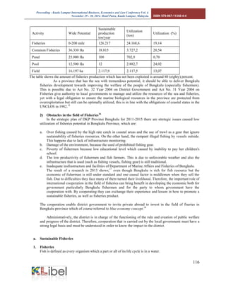 Proceeding - Kuala Lumpur International Business, Economics and Law Conference Vol. 4. 
November 29 - 30, 2014. Hotel Putra, Kuala Lumpur, Malaysia. ISBN 978-967-11350-4-4 
116 
Activity 
Wide Potential 
Sustainable production ton/year 
Utilization (ton) 
Utilization (%) 
Fisheries 
0-200 mile 
126.217 
24.168,6 
19,14 
Common Fisheries 
36.330 Ha 
18.815 
3.727,2 
20,54 
Pond 
25.000 Ha 
100 
702,9 
0,70 
Pool 
12.500 Ha 
12 
2.882,7 
24,02 
Field 
16.197 ha 
2.117,9 
2.117,5 
13,07 
The table shows the amount of fisheries production which has not been exploited is around 80 (eighty) percent. 
As a province that has the sea with tremendous potential, it should be able to deliver Bengkulu fisheries development towards improving the welfare of the people of Bengkulu (especially fishermen). This is possible due to Act No. 32 Year 2004 on District Government and Act No. 31 Year 2004 on Fisheries give authority to local governments to manage and utilize the resources of the sea and fisheries, yet with a legal obligation to ensure the marine biological resources in the province are protected from overexploitation but still can be optimally utilized, this is in line with the obligations of coastal states in the UNCLOS in 1982.15 
2) Obstacles in the field of Fisheries16 
In the strategic plan of DKP Provinsi Bengkulu for 2011-2015 there are stretegic issues caused low utilization of fisheries potential in Bengkulu Province, which are: 
a. Over fishing caused by the high rate catch in coastal areas and the use of trawl as a gear that ignore sustainability of fisheries resources. On the other hand, the rampant illegal fishing by vessels outside. This happens due to lack of infrastructure monitoring. 
b. Damage of the environment, because the used of prohibited fishing gear. 
c. Poverty of fishermen because low educational level which caused by inability to pay her children's school. 
d. The low productivity of fishermen and fish farmers. This is due to unfavorable weather and also the infrastructure that is used (such as fishing vessels, fishing gear) is still traditional. 
e. Inadequate insfrastructure and facilities of Department of Marine Affairs and Fisheries of Bengkulu. 
The result of a research in 2013 shows,17 even though Bengkulu is rich for fish resource but the economic of fisherman is still under standard and one causal factor is middlemen when they sell the fish. Due to difficulties they face many of them turned their livelihood. Therefore, the important role of international cooperation in the field of fisheries can bring benefit in developing the economic both for government particularly Bengkulu fishermen and for the party to whom government have the cooperation with. By cooperating they can exchange their experience and lesson in how to promote a sustainable fisheries, as well as fisheries product. 
The cooperation enable district government to invite private abroad to invest in the field of fiseries in Bengkulu province which of course referred to blue economy concept.18 
Administratively, the district is in charge of the functioning of the rule and creation of public welfare and progress of the district. Therefore, cooperation that is carried out by the local government must have a strong legal basis and must be understood in order to know the impact to the district. 
a. Sustainable Fisheries 
1. Fisheries 
Fish is defined as every organism which a part or all of its life cycle is in a water.  