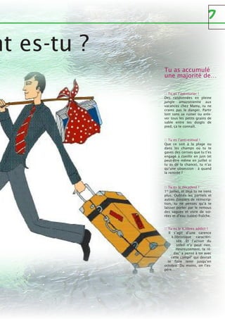 nt es-tu ?
Tu as accumulé
une majorité de…
♥ Tu es l’aventurier !
Des randonnées en pleine
jungle amazonienne aux
vacances chez Mamy, tu ne
crains pas le danger. Partir
loin sans se ruiner ou enle-
ver tous les petits grains de
sable entre tes doigts de
pied, ça te connaît.
♠ Tu es l’anti-estival !
Que ce soit à la plage ou
dans les champs où tu te
gaves des cerises que tu t’es
engagé à cueillir en juin (et
peut-être même en juillet si
tu as de la chance), tu n’as
qu’une obsession : à quand
la rentrée ?
♣ Tu es le décadent !
1er
juillet, et déjà tu ne tiens
plus. Oubliés les partiels et
autres dossiers de réinscrip-
tion, tu ne penses qu’à te
laisser porter par le remous
des vagues et vivre de soi-
rées et d’eau (salée) fraîche.
♦ Tu es le K.libres addict !
Il s’agit d’une carence
k.libristique caractéri-
sée. Et l’action du
soleil n’y peut rien.
Heureusement, la ré-
dac’ a pensé à toi avec
cette compil’ qui devrait
te faire tenir jusqu’en
octobre. Du moins, on l’es-
père…
7
 