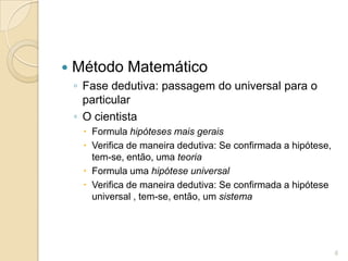 Método MatemáticoFase dedutiva: passagem do universal para o particularO cientistaFormula hipóteses mais geraisVerifica de maneira dedutiva: Se confirmada a hipótese, tem-se, então, uma teoriaFormula uma hipótese universalVerifica de maneira dedutiva: Se confirmada a hipótese universal , tem-se, então, um sistema6