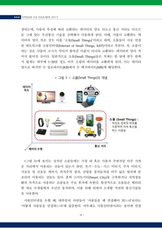 ■ ■ ■ 지역정보화 이슈 리포트(제4호 2017.7)
- 6 -
결되는데, 사물의 특성에 따라 교환되는 데이터의 양도 다르고 통신 거리도 다르므
로 그에 맞는 무선통신 기술을 선택해서 이용하게 된다. 이때, 사물이 교환하는 데
이터의 양이 적은 경우 이를 ‘소물(Small Things)’이라고 하며, 소물들이 서로 연결
된 네트워크를 소물인터넷(Internet of Small Things, IoST)이라고 부른다. 즉, 소물이
라는 것은 사물의 크기가 작아서 붙여진 이름이 아니라 교환하는 데이터의 양이 적
어서 붙여진 것이다. 일반적으로 소물(Small Things)들은 적게는 한 달에 한두 번에
서 많게는 하루에 1~20번 정도 아주 소량의 데이터를 교환하게 된다. 이는 데이터
양으로 따지면 수 킬로바이트(KB)에서 수 메가바이트(MB)에 해당한다.
< 그림 3 > 소물(Small Things)의 개념
<그림 3>에 보이는 것처럼 소물들에는 가정 내 혹은 사용자 주변처럼 아주 가까
운 거리에서 사용되는 것들이 있는가 하면, 전기ㆍ수도ㆍ가스 미터기, 주차 미터기,
가로등 및 신호등 제어기, 위치추적 장치, 산업용 장치들처럼 아주 넓은 범위에 분
포되어 이용되는 것들도 있다. 흔히 스마트시티(Smart City)를 구축하거나 지역정보
화의 목적으로 사용되는 소물들은 주로 후자에 속한다. 통상적으로 소물들은 배터리
한 개로 수개월에서 수년간 동작하며, 이를 위해 뒤에서 소개할 저전력 통신기술들
을 사용한다.
사물인터넷을 논할 때, 대부분의 사람들이 ‘사물들을 왜 연결해야 하느냐’보다는
‘어떻게 사물들을 연결하느냐’에 집중한다. 아무래도 사물인터넷이라는 용어에 연결
 