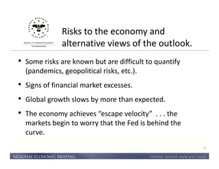 Risks to the economy and 
alternative views of the outlook. 
11 
• Some risks are known but are difficult to quantify 
(pandemics, geopolitical risks, etc.). 
• Signs of financial market excesses. 
• Global growth slows by more than expected. 
• The economy achieves “escape velocity” . . . the 
markets begin to worry that the Fed is behind the 
curve. 
 