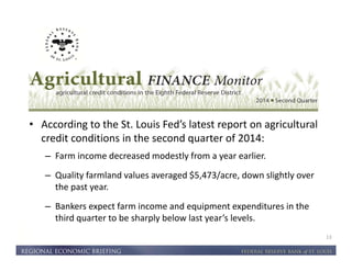 • According to the St. Louis Fed’s latest report on agricultural 
credit conditions in the second quarter of 2014: 
– Farm income decreased modestly from a year earlier. 
– Quality farmland values averaged $5,473/acre, down slightly over 
the past year. 
– Bankers expect farm income and equipment expenditures in the 
third quarter to be sharply below last year’s levels. 
13 
 