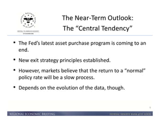 The Near-Term Outlook: 
The “Central Tendency” 
9 
• The Fed’s latest asset purchase program is coming to an 
end. 
• New exit strategy principles established. 
• However, markets believe that the return to a “normal” 
policy rate will be a slow process. 
• Depends on the evolution of the data, though. 
 