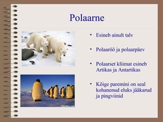 Polaarne Esineb ainult talv Polaaröö ja polaarpäev Polaarset kliimat esineb Artikas ja Antartikas Kõige paremini on seal kohanenud eluks jääkarud ja pingviinid 