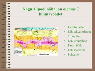 Nagu allpool näha, on olemas 7 kliimavöödet Ekvatoriaalne Lähisekvatoriaalne Troopiline Lähistroopiline Parasvööde Lähispolaarne Polaarne 