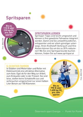 4
spritsparen
spritsparen Lernen
Spritspar-Tipps sind leicht umgesetzt und
können in Ihre gewohnte Fahrweise integriert
werden. Damit sind Sie umweltfreundlicher,
entspannter und vor allem günstiger unter-
wegs. Ihren Kraftstoff-Verbrauch und Ihre
Kosten können Sie um bis zu 20% reduzie-
ren! Wo Sie eine Spritsparstunde buchen
können, finden Sie auf www.spritspar.at
e-scOOter Fahren
In Städten sind Motorräder und Roller mit
Elektroantrieb eine attraktive Alternative
zum Auto. Egal ob für den Weg zur Arbeit,
zum Einkaufen oder in der Freizeit: Sie sind
leise, stoßen keine Schadstoffe aus und
verbrauchen umgerechnet nur einen halben
Liter Benzin auf 100 Kilometer.
Bis zu
110 € oder
230 kg cO2
pro Jahr
sparen
Bis zu
790 € oder
1.650 kg cO2
pro Jahr
sparen
Österreich spart Energie – Punkt für Punkt
Foto:BMLFUW
Foto:BMLFUW
 