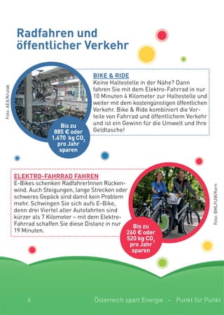 radfahren und
öffentlicher Verkehr
eLeKtrO-FahrraD Fahren
E-Bikes schenken RadfahrerInnen Rücken-
wind. Auch Steigungen, lange Strecken oder
schweres Gepäck sind damit kein Problem
mehr. Schwingen Sie sich aufs E-Bike,
denn drei Viertel aller Autofahrten sind
kürzer als 7 Kilometer – mit dem Elektro-
Fahrrad schaffen Sie diese Distanz in nur
19 Minuten.
BiKe & riDe
Keine Haltestelle in der Nähe? Dann
fahren Sie mit dem Elektro-Fahrrad in nur
10 Minuten 4 Kilometer zur Haltestelle und
weiter mit dem kostengünstigen öffentlichen
Verkehr. Bike & Ride kombiniert die Vor-
teile von Fahrrad und öffentlichem Verkehr
und ist ein Gewinn für die Umwelt und Ihre
Geldtasche!
6
Bis zu
885 € oder
1.670 kg cO2
pro Jahr
sparen
Bis zu
260 € oder
520 kg cO2
pro Jahr
sparen
Österreich spart Energie – Punkt für Punkt
Foto:BMLFUW/Kern
Foto:AEA/Krutak
 