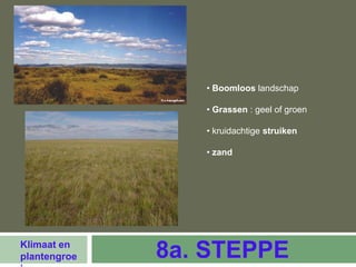 • Boomloos landschap

                 • Grassen : geel of groen

                 • kruidachtige struiken

                 • zand




Klimaat en
plantengroe   8a. STEPPE
 