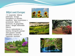 Biljni svet Evrope
< U rasporedu biljnog
pokrivača Evrope
zastupljena je širinska
zonalnost, koja je povezana s
promenom klime u
zavisnosti od geografske
širine i drugih klimatskih
faktora.
Ona je najizraženija u
istočnoj Evropi.Ne postoje
oštre granice između
prirodnih zona,već se
vegetacija smenjuje
postepeno.
 