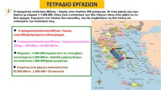 2. Η πραγματική απόσταση Αθήνας – Λαμίας είναι περίπου 200 χιλιόμετρα. Αν ένας χάρτης έχει σχε-
διαστεί με κλίμακα 1:1.000.000, πόση είναι η απόσταση των δύο πόλεων πάνω στον χάρτη σε ευ-
θεία γραμμή; Σημειώστε στο πλαίσιο δύο κουκκίδες, που θα συμβολίζουν τις δύο πόλεις και
υπολογίστε την απόστασή τους.
ΤΕΤΡΑΔΙΟ ΕΡΓΑΣΙΩΝ
● Η πραγματικήαπόστασηΑθήνας- Λαμίας
είναι200χιλιόμετρασε ευθείαγραμμή.
●Κλίμακα1 : 1.000.000 σημαίνει ότι1 εκ. στον χάρτη
αντιστοιχείσε1.000.000εκ.,δηλαδή ο χάρτηςδείχνει
την απόσταση 1.000.000φορές μικρότερη.
● Η πραγματικήαπόστασηΑθήνας– Λαμίαςείναιπερίπου
200χμ.= 200.000 μ.= 20.000.000εκ.
● Επομένωςστον χάρτηη απόστασηείναι
20.000.000εκ : 1.000.000 = 20 εκατοστά
● Αθήνα
●Λαμία
 