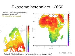 Ekstreme hetebølger - 2050
°C

Varmeste 1-av-20 for gjennomsnittlig
juni-august temperatur
(95-prosentil av juni-august)

°C

EASAC: Tilbaketrekning av havisen medfører mer langvarighet?

CMIP3 SRES A1b

 