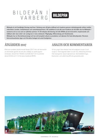 KLIMATBOKSLUT  8  HALLAND 2017
B I L D E P Å N I
V A R B E R G
ÅTGÄRDER 2017
Eftersom andelen biodrivmedel ökade 2017 från vår leverantör
av drivmedel, gjorde det att våra utsläpp av växthusgaser
­minskade. Diesel från TANKA innehöll 2017 35 % syntetisk
diesel (HVO) och 5 % förnybar biodiesel (RME).
ANALYS OCH KOMMENTARER
Vi har under året arbetat med att analysera scope 1 och
scope 2. Övervägande delen av vår CO2
belastning kommer
från transporter såsom tjänsteresor, demobilskörningar,
­leveranser, och utkörning till våra grossistkunder.
Bildepån är ett familjeägt företag med bas i Varberg som vill göra skillnad och inspirera genom värdeskapande möten mellan
människor, kunder, medarbetarer och samarbetspartners. Vår ambition är att alla som funderar på sitt billiv ska ha Bildepån i
tankarna och se oss som en självklar partner. Vi vill erbjuda rätt lösning vid rätt tillfälle på ett innovativt, inspirerande och
hållbart sätt. Som stöd i vår vardag har vi våra värdeord; Tillgänglig, Affärsmässig och Nytänkande.
Bildepån har en flermärkesstrategi och har ett komplett utbud av produkter och tjänster för hela bilnyttjandet. Förutom
kärnverksamheten äger och förvaltar bolaget ett antal fastigheter.
 