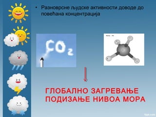 • Разноврсне људске активности доводе до
повећана концентрација
ГЛОБАЛНО ЗАГРЕВАЊЕ
ПОДИЗАЊЕ НИВОА МОРА
 