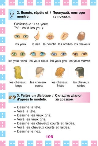106
2. Écoute, répète et / Послухай, повтори
montre. та покажи.
Professeur : Les yeux .
Toi : Voilà les yeux .
les yeux le nez la bouche les oreilles les cheveux
les yeux verts les yeux bleus les yeux gris les yeux marron
les cheveux les cheveux les cheveux les cheveux
longs courts frisés raides
3. Faites un dialogue / Складіть діалог
d’après le modèle. за зразком.
– Dessine la tête .
– Voilà la tête .
– Dessine les yeux gris .
– Voilà les yeux gris .
– Dessine les cheveux courts et raides .
– Voilà les cheveux courts et raides .
– Dessine le nez .
2. Écoute, répète et / Послухай, повтори
montre. та покажи.
3. Faites un dialogue / Складіть діалог
d’après le modèle. за зразком.
 