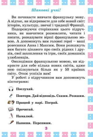3
Ïîñëóõàé.
Ïîâòîðè. Äàé âіäïîâіäü. Ñêàæè. Ðîçêàæè.
Ïðàöþé ó ïàðі. Ïîãðàé.
Ïðî÷èòàé.
Íàìàëþé.
Íàïèøè. Ïåðåïèøè.
Øàíîâí³ ó÷...