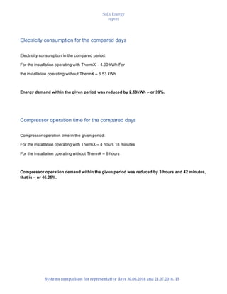 SolX Energy
report
• • •
Systems comparison for representative days 30.06.2016 and 21.07.2016. 15
Electricity consumption for the compared days
Electricity consumption in the compared period:
For the installation operating with ThermX – 4.00 kWh For
the installation operating without ThermX – 6.53 kWh
Energy demand within the given period was reduced by 2.53kWh – or 39%.
Compressor operation time for the compared days
Compressor operation time in the given period:
For the installation operating with ThermX – 4 hours 18 minutes
For the installation operating without ThermX – 8 hours
Compressor operation demand within the given period was reduced by 3 hours and 42 minutes,
that is – or 46.25%.
 