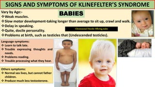Language symptoms:
 Learn to talk late.
 Trouble expressing thoughts and
needs.
 Problems reading.
 Trouble processing what they hear.
Others symptoms:
 Normal sex lives, but cannot father
children.
 Produce much less testosterone.
SIGNS AND SYMPTOMS OF KLINEFELTER’S SYNDROME
Vary by Age:-
Weak muscles.
Slow motor development-taking longer than average to sit up, crawl and walk.
Delay in speaking.
Quite, docile personality.
Problems at birth, such as testicles that (Undescended testicles).
BABIES
-Chromosomal Disorder Affecting males-
 
