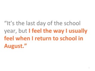*
“It’s the last day of the school
year, but I feel the way I usually
feel when I return to school in
August.”
 