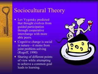 Sociocultural Theory Lev Vygotsky predicted that thought evolves from guided participation through cooperative interchange with more able peers. Cognitive change is social in nature—it stems from joint problem-solving (Rogoff, 1990) Sharing of different points of view while attempting to achieve a common goal leads to learning. 