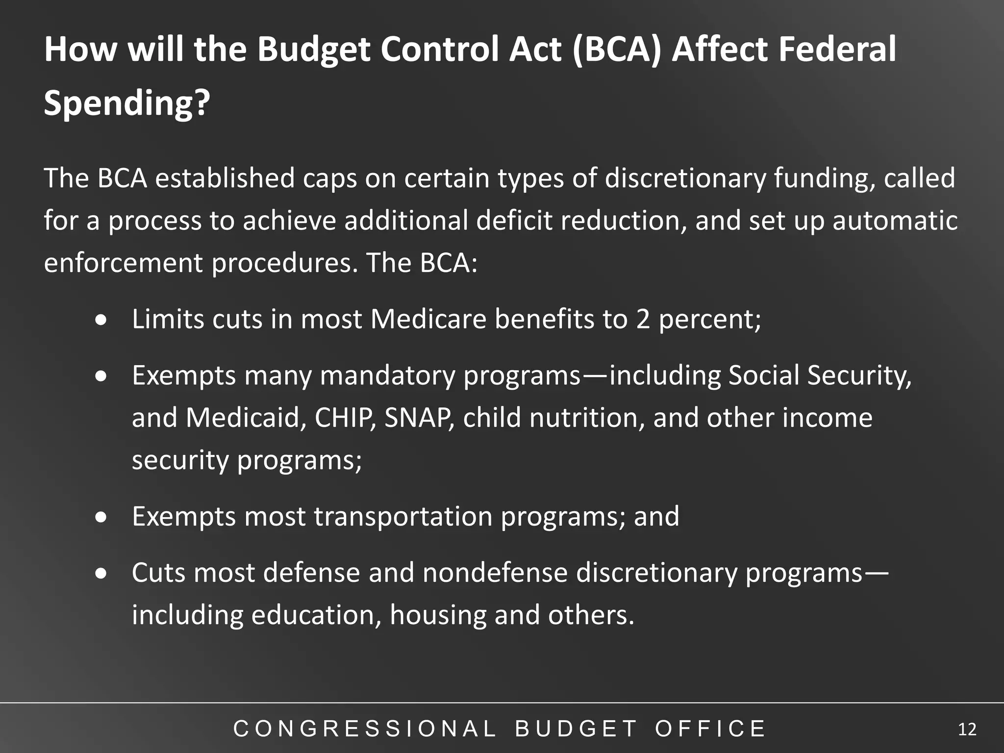 How will the Budget Control Act (BCA) Affect Federal
Spending?
The BCA established caps on certain types of discretionary funding, called
for a process to achieve additional deficit reduction, and set up automatic
enforcement procedures. The BCA:
     Limits cuts in most Medicare benefits to 2 percent;
     Exempts many mandatory programs—including Social Security,
      and Medicaid, CHIP, SNAP, child nutrition, and other income
      security programs;
     Exempts most transportation programs; and
     Cuts most defense and nondefense discretionary programs—
      including education, housing and others.


               CONGRESSIONAL BUDGET OFFICE                                12
 