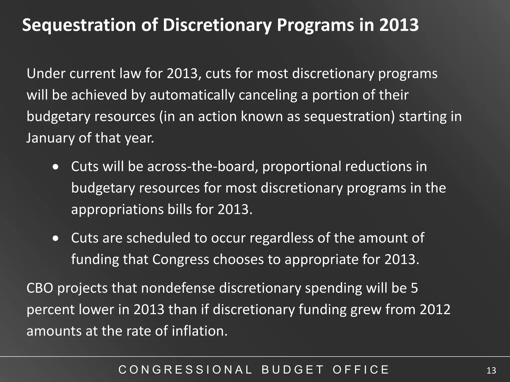 Sequestration of Discretionary Programs in 2013

Under current law for 2013, cuts for most discretionary programs
will be achieved by automatically canceling a portion of their
budgetary resources (in an action known as sequestration) starting in
January of that year.
     Cuts will be across-the-board, proportional reductions in
      budgetary resources for most discretionary programs in the
      appropriations bills for 2013.
     Cuts are scheduled to occur regardless of the amount of
      funding that Congress chooses to appropriate for 2013.
CBO projects that nondefense discretionary spending will be 5
percent lower in 2013 than if discretionary funding grew from 2012
amounts at the rate of inflation.

              CONGRESSIONAL BUDGET OFFICE                               13
 