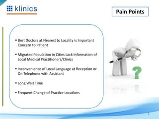 Pain Points 
1 
 Best Doctors at Nearest to Locality is Important 
Concern to Patient 
 Migrated Population in Cities Lack Information of 
Local Medical Practitioners/Clinics 
 Inconvenience of Local Language at Reception or 
On Telephone with Assistant 
 Long Wait Time 
 Frequent Change of Practice Locations 
 
