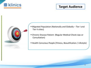 Target Audience 
 Migrated Population (Nationally and Globally – Tier I and 
Tier II cities) 
4 
 Chronic Disease Patient (Regular Medical Check-Ups or 
Consultation) 
 Health Conscious People (Fitness, Beautification / Lifestyle) 
 