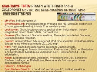 QUALITATIVE TESTS: DESSEN WERTE EINER SKALA
ZUGEORDNET SIND AUF DEN KEINE ABSTÄNDE DEFINIERT SIND.
URIN-TESTSTREIFEN
 pH-Wert: Indikatorgemisch,
 Erythrocyten /Hb: Peroxidaseartige Wirkung des HB-Moleküls oxidiert ein
Chromogen (o-Toluidin), intakte Erys werden lysiert
 Leukocyten: Granulocytenesterase spaltet einen Indoxylester, Indoxyl
reagiert mit einem Diazzo-Salz, Farbreaktion
 Glukose (Suchtest auf Diabetes mellitus, Therapiekontrolle bei Diabetes),
Glukoseoxidase-Reaktion.
 Protein: Indikatorfehler, Albumingehalt stört eine spezielle Indikatorreaktion,
Erfasst keine Mikroalbuminurie 20…200 mg/l
 Nitrit: Nitrit diazodiert Sulfanilamid zu einem Diazoniumsals,
Komplexbildung mit Benzochinonderivat, Farbreaktion, 80% der Bakterien
sind Nitritbildner, Nitrat muss vorhanden sein, Reaktionszeit 4 – 6 h
erforderlich,
 Keton: Diabetesdiagnostik, Acidosen, hypokalorische Diät, Schlechte
Stoffwechsellage bei Diabetikern „Ketonurie als Frühsymptom eines
diabetischen Komas“
 Bilirubin/ Urobilinogen
 Spezifisches Gewicht: K⁺ und Na⁺ verdrängen H⁺; Indikatorreaktion,
 