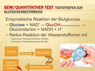 SEMI/QUANTITATIVER TEST: TESTSTREIFEN ZUR
BLUTZUCKERBESTIMMUNG
Enzymatische Reaktion der Blutglucose
 Glucose + NAD⁺→ GlucDHGlucosedehydrogenase →
Gluconolacton + NADH + H⁺
 Redox-Reaktion der Wasserstoffionen mit
1. Coenzyme: Phenantrolinchinon (Abbott)
2. Coenzyme: Pyrrolochinolcholin (Roche)
glucose glucolaction
Mediator(reduziert)
GLUC-DH
Mediator
oxidiert(Ele
ktrode)
e-
PCC
 