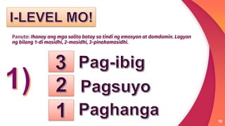 18
Panuto: Ihanay ang mga salita batay sa tindi ng emosyon at damdamin. Lagyan
ng bilang 1-di masidhi, 2-masidhi, 3-pinakamasidhi.
 