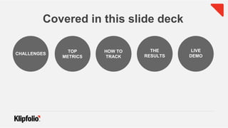 CHALLENGES
Covered in this slide deck
TOP
METRICS
HOW TO
TRACK
THE
RESULTS
LIVE
DEMO
 