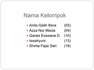 Nama Kelompok 
 Anita Galih Ifana (03) 
 Azza Nur Maula (04) 
 Ganes Exswana D. (10) 
 Iswahyuni (13) 
 Shinta Fajar Sari (18) 
 