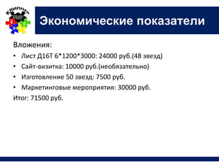Экономические показатели
Вложения:
• Лист Д16Т 6*1200*3000: 24000 руб.(48 звезд)
• Сайт-визитка: 10000 руб.(необязательно)
• Изготовление 50 звезд: 7500 руб.
• Маркетинговые мероприятия: 30000 руб.
Итог: 71500 руб.
 