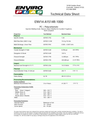 10100 Hedden Road
                                                                                                                Evansville, Indiana 47725
                                                                                                                812-868-0808


                                                                               Technical Data Sheet

                                            ENV14-A1514R-1000
                                                      PC – Polycarbonate
                         Injection Molding Grade, Natural, Impact Modified for Excellent Toughness,
                                                      RoHS Compliant

Properties                                                     Test Method                           Nominal Value
Physical
Specific Gravity                                               ASTM D 792                            1.20

Melt Flow Rate (300/1.2 kg)                                    ASTM D 1238                           15.0 g./10 min.

Mold Shrinkage, Linear Flow                                    ASTM D 955                            0.005 – 0.007 in/in.

Mechanical
Tensile Strength @ Yield                                       ASTM D 638                            8,700 psi               (60.0 MPa)

Elongation @ Break                                             ASTM D 638                            130 %

Flexural Strength                                              ASTM D 790                            12,000 psi              (82.7 MPa)

Flexural Modulus                                               ASTM D 790                            325,000 psi             (2,241 MPa)

Impact
Notched Izod Strength @ 73 °F                                  ASTM D 256                            14.5 ft-lb/in.          (773.6 J/m)

Thermal
Heat Deflection Temp. @ 264 psi                                ASTM D 648                            255 °F                  (124 ˚C)

Flammability
Flame Rating                                                   UL 94                                 HB @ 0.125 in.

Processing Recommendations
Drying Conditions
Minimum Recommend Time                                         3 to 4 hours                          @ 230 °F                 (110 °C)

Processing Temperature Profile
 Cylinder
  Rear (Zone 1 Hopper)                                         500   –   535   °F
  Middle (Zone 2)                                              510   –   560   °F
  Front (Zone 3)                                               520   –   580   °F
  Nozzle (Zone 4 Nozzle)                                       510   –   575   °F
 Mold                                                          155   –   200   °F

Processing Parameters
 Injection Speed                                               Moderate to Fast
 Back Pressure                                                 70 – 150 psi
 Screw Speed                                                   40 – 70 rpm


The above listed nominal values were obtained from specimens molded and tested under carefully controlled laboratory conditions. This data is
furnished so that the user will evaluate it through testing and determine the suitability of the product. Since the conditions of application and use
of our product are beyond our control, no warranty or representation is expressed or implied regards results from the use of this data.
Enviroplas, Inc. will not be liable for any injury or damage arising from the application of this information.
 