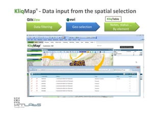 KliqMap© - Data input from the spatial selection 
Data filtering Geo-selection 
KliqTable 
Notes, status … 
By element 
 