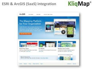 KliqMap - Data input from the spatial selection
        ©



                                        KliqTable

                                          Notes, status …
       Data filtering   Geo-selection
                                           By element
 