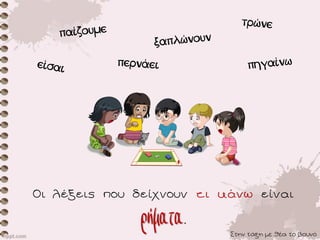 Οι λέξεις που δείχνουν τι κάνω είναι
ρήματα.
Στην τάξη με θέα το βουνό
 