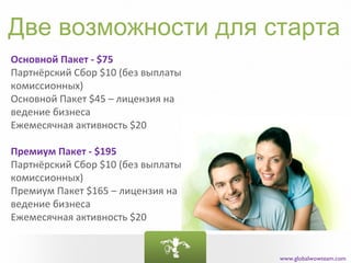 Две возможности для старта
Основной Пакет - $75
Партнёрский Сбор $10 (без выплаты
комиссионных)
Основной Пакет $45 – лицензия на
ведение бизнеса
Ежемесячная активность $20

Премиум Пакет - $195
Партнёрский Сбор $10 (без выплаты
комиссионных)
Премиум Пакет $165 – лицензия на
ведение бизнеса
Ежемесячная активность $20


                                    www.globalwowteam.com
 